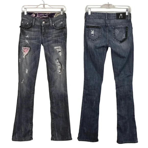 Vintage Marciano Y2K Jeans Embellished Distressed Low Rise Blue Boot Cut Size 25 - Picture 2 of 15